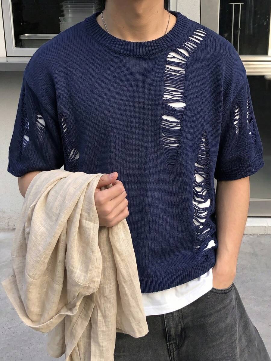 Top tricoté à col rond, manches courtes, style décontracté, ample, déchiré et délavé, style minimaliste streetwear, printemps/été, unisexe - Bleu azur - Voir 1