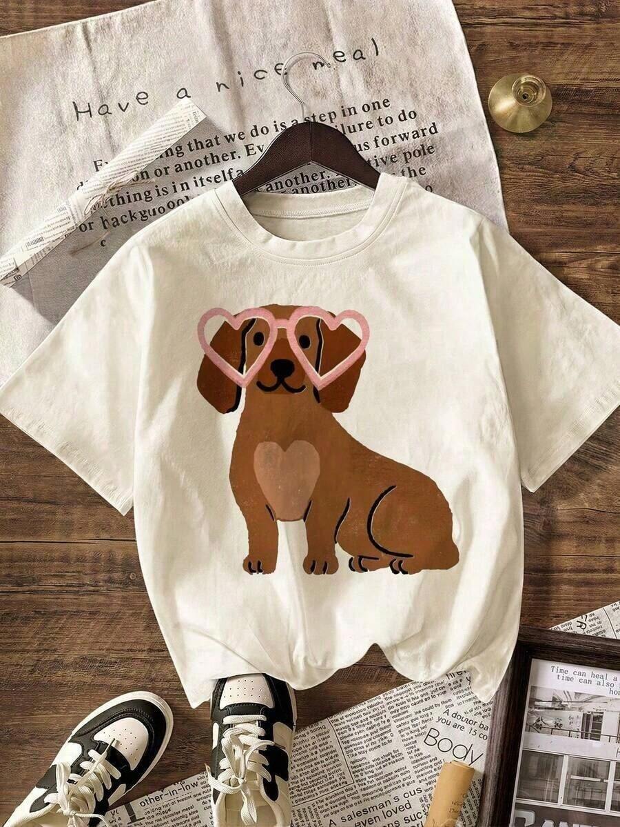 Camiseta de manga corta 100% algodón con estampado de corazón de dachshund, tops casuales para mujer, para vacaciones de verano. |   Diseño exquisito |   Suelto y cómodo |   Fácil de combinar | - Albaricoque - Ver 1