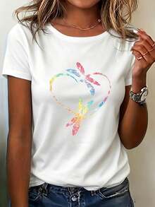 Women's Casual Sports T-Shirt With Floral Heart Graphic Design - White Elastic Round Neck T-Shirt, Machine Washable And Suitable For All Seasons, Comfortable Fit For A Cool And Chic Style. - 白色 - 查看 1