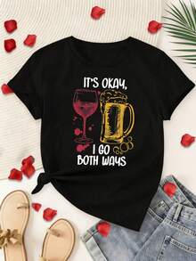 Camiseta Estampada para Mujer - Camiseta Casual de Manga Corta y Cuello Redondo Negra con Nudo Lateral, Gráfico de Copa de Vino y Taza de Cerveza. Con un Corte Relajado para Todas las Estaciones, Perfecta para Uso Diario o Atuendos de Vacaciones (Lavable aáquina). - Negro - Ver 6