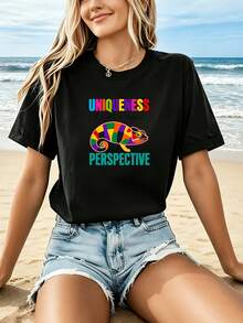 Camiseta Estampada para Mujer - Camiseta Casual de Manga Corta y Cuello Redondo Negra con Diseño Colorido de Peces y la Palabra UNIQLENESS. Corte Relajado para Todas las Estaciones, Perfecta para Uso Diario o Atuendos de Vacaciones (Lavable aáquina). - Negro - Ver 6