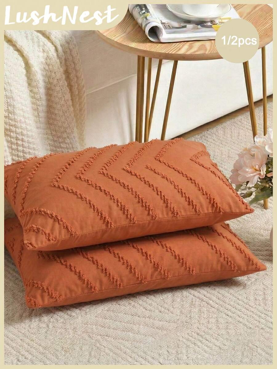 1/2pcs Wave Cutting Ceramic Red Pillowcase Set - Includes 1 Or 2 Pillowcases (No Insert), Reversible, Cute Fresh Cottage Style, Lightweight & Breathable, Machine Washable,CottageStyle - Burnt Orange - View 1