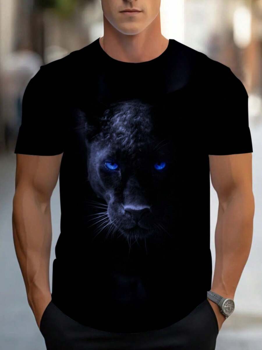 Camiseta de manga corta para hombre con diseño de estampado de leopardo, adecuada para ocasiones informales. Hecho de tela negra suave, es perfecto para el hogar, el trabajo o actividades al aire libre. Su estructura ligera y duradera lo convierte en un excelente regalo para otros. - Negro - Ver 1