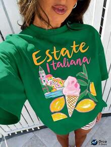 1 Piece Casual Fashion For Men And Women Regular T-Shirt With Italian Summer Print, Lemon Architectures, Orca Brand 100% Pure Fabric 6. 35oz, Ideal For Casual Outdoor Use, Size S, Vacation And How Versatile, Easy To Match, Suitable For Daily Wear, Urban Style, Vacation Outfits, Weekend Outfits. - 綠色的 - 查看 1