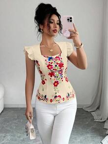 Blusa con estampado floral, cuello con volantes y mangas cortas, para vacaciones - Albaricoque - Ver 3