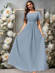Vestido de dama de honor de gasa con volantes y mangas cortas con volantes, cuello de barco, estilo elegante para boda, color eucalipto - Niebla azul - Ver 4