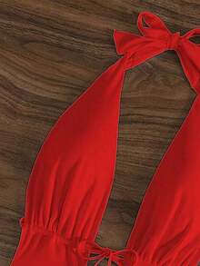 Mujeres traje de baño de una pieza con escote en V profundo y lazo frontal, espalda abierta, lazo de cuello para vacaciones - Rojo - Ver 3