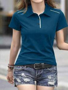 Camiseta sencilla de manga corta con estampado de color contrastante para mujer - Azul - Ver 5