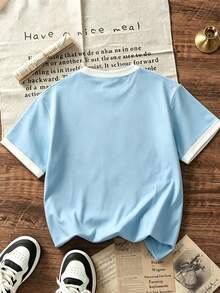 Boys' Basic Contrast Color Collar Short Sleeve T-Shirt, Soft Breathable Comfortable Casual Wear - Baby Blue - View 4