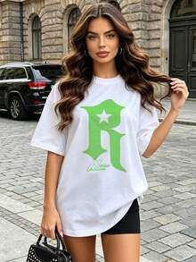 Camiseta de manga corta con cuello redondo suave y casual para mujer, con estampado gráfico de la letra R en forma de estrella, adecuada para uso diario en primavera y verano. Blanca. - Blanco - Ver 2