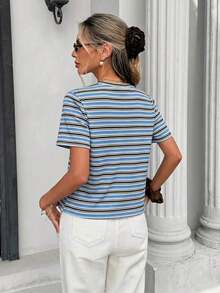 Frenchy Camiseta de mujer de manga corta, cuello redondo, a rayas, de estilo casual para el verano - Multicolor - Ver 2