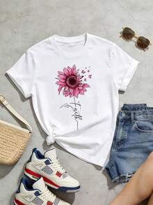Camiseta de manga corta con cuello redondo suave y casual para mujer, el estampado gráfico de girasol rosa es adecuado para usar en primavera y verano. Blanca. - Blanco - Ver 5