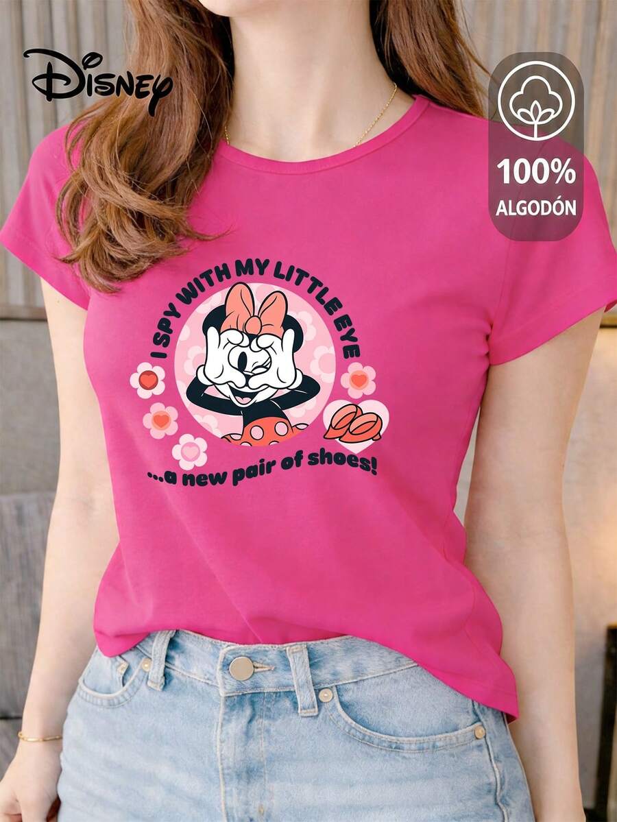 Women's T-Shirt Made Of 100% High-Quality Cotton, This T-Shirt Guarantees Exceptional Softness To The Touch, Round Neck With "Disney Minnie I " Print And Short Sleeves - 玫紅色 - 查看 1