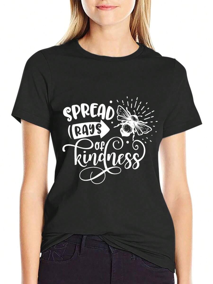Ropa de mujer de talla, camiseta holgada de estilo vintage con estampado de abeja y la frase Passing on Kindness - negra con estampado blanco, top de estilo casual urbano, diseño de cuello redondo suave, garantiza comodidad diaria y transmite mensajes positivos, decoración con patrón geométrico, lavable aáquina y apta para limpieza en, adecuada para usar durante todo el año, corte relajado que se adapta a varios estilos - Camiseta unisex de manga corta y cuello redondo de algodón holgado estilo vintage urbano. - Negro - Ver 1
