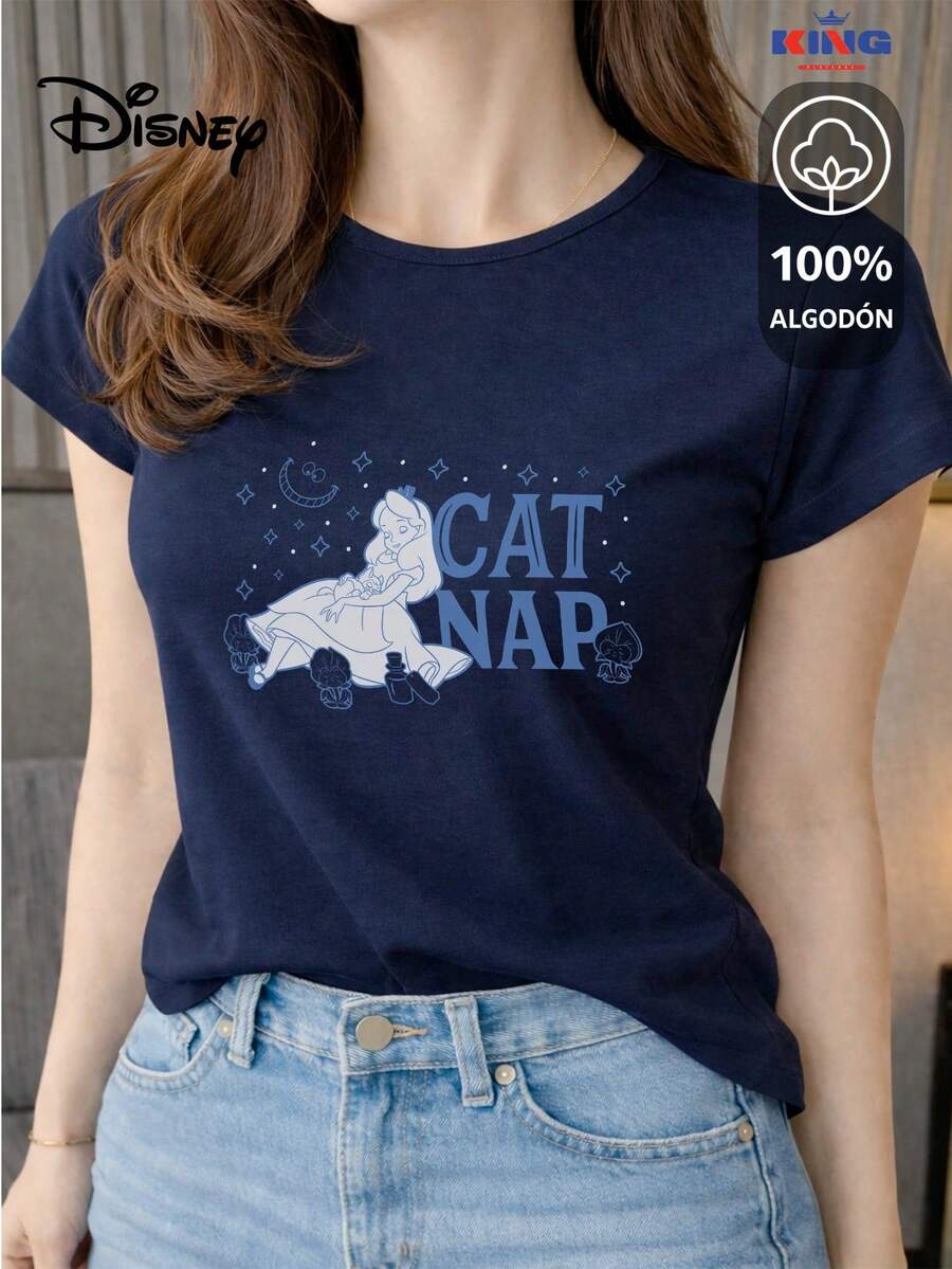 Made From 100% High-Quality Cotton, This T-Shirt Guarantees Exceptional Softness To The Touch, With A Round Neck Featuring A "Disney Alice Cat Nap" Print And Short Sleeves. - 藏蓝色 - 查看 1