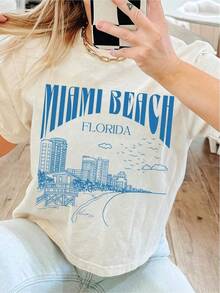 Take Me To Miami Beach, A Short-Sleeved T-Shirt With A Comfortable Colorful Letter Print, Casual Round Neck Top For Summer And Spring, Women's Clothing [Wilderness] Made Of Pure Cotton. - 白色 - 查看 1