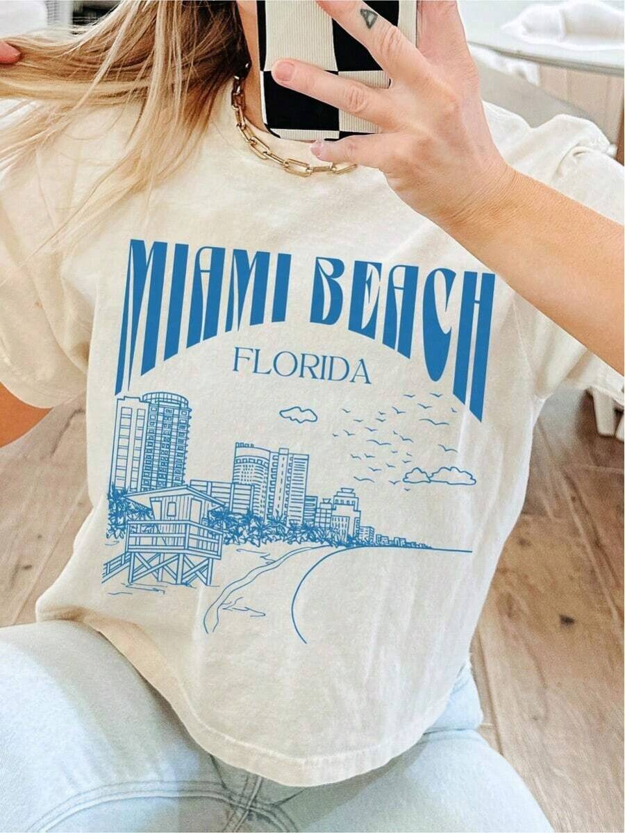 Take Me To Miami Beach, A Short-Sleeved T-Shirt With A Comfortable Colorful Letter Print, Casual Round Neck Top For Summer And Spring, Women's Clothing [Wilderness] Made Of Pure Cotton. - 白色 - 查看 1