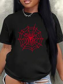 This Lightweight And Durable Short-Sleeved T-Shirt, Designed With A Red Spiderweb Pattern, Is Perfect For Lounging At Home Or Outdoor Activities, Offering A Comfortable Everyday Wear Experience. Women's Blouses > Clothing - 黑色 - 查看 1