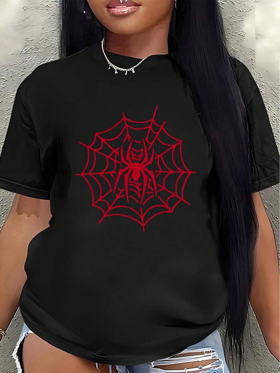 This Lightweight And Durable Short-Sleeved T-Shirt, Designed With A Red Spiderweb Pattern, Is Perfect For Lounging At Home Or Outdoor Activities, Offering A Comfortable Everyday Wear Experience. Women's Blouses > Clothing - 黑色 - 查看 1