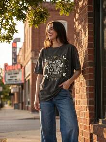Plus Size Vintage Washed Crew Neck Tee With Dragon & Mountain Letter Print, Fantasy Style Top For Daily Commute Party Spring Summer Autumn Casual - Black - View 7