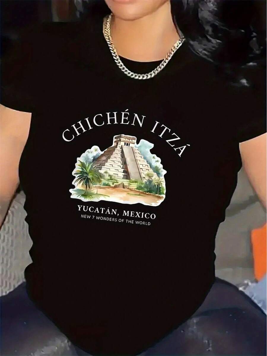 Polyester T-Shirt With A Chichen Itza, Yucatan, Mexico Design, Ideal For Travel, Durable And Lightweight, Perfect For Indoor And Outdoor Activities, Comfortable Fit, Casual Wear For Men And Women, Stylish Graphic T-Shirt, Suitable For Spring, Summer And Autumn. - 黑色 - 查看 1