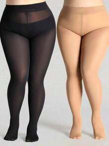 2 Peças Legging Preta Clássica de Alta Elasticidade Cor Sólida para Mulheres Plus Size - Multicolorido - Visão 4