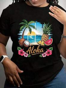 Camiseta de talla para mujer con estampado de playa tropical, piña,, sandía, flores de hibisco y Aloha - Perfecta para vacaciones de verano, salidas a la playa, fiestas hawaianas y uso casual 220g - Negro - Ver 10