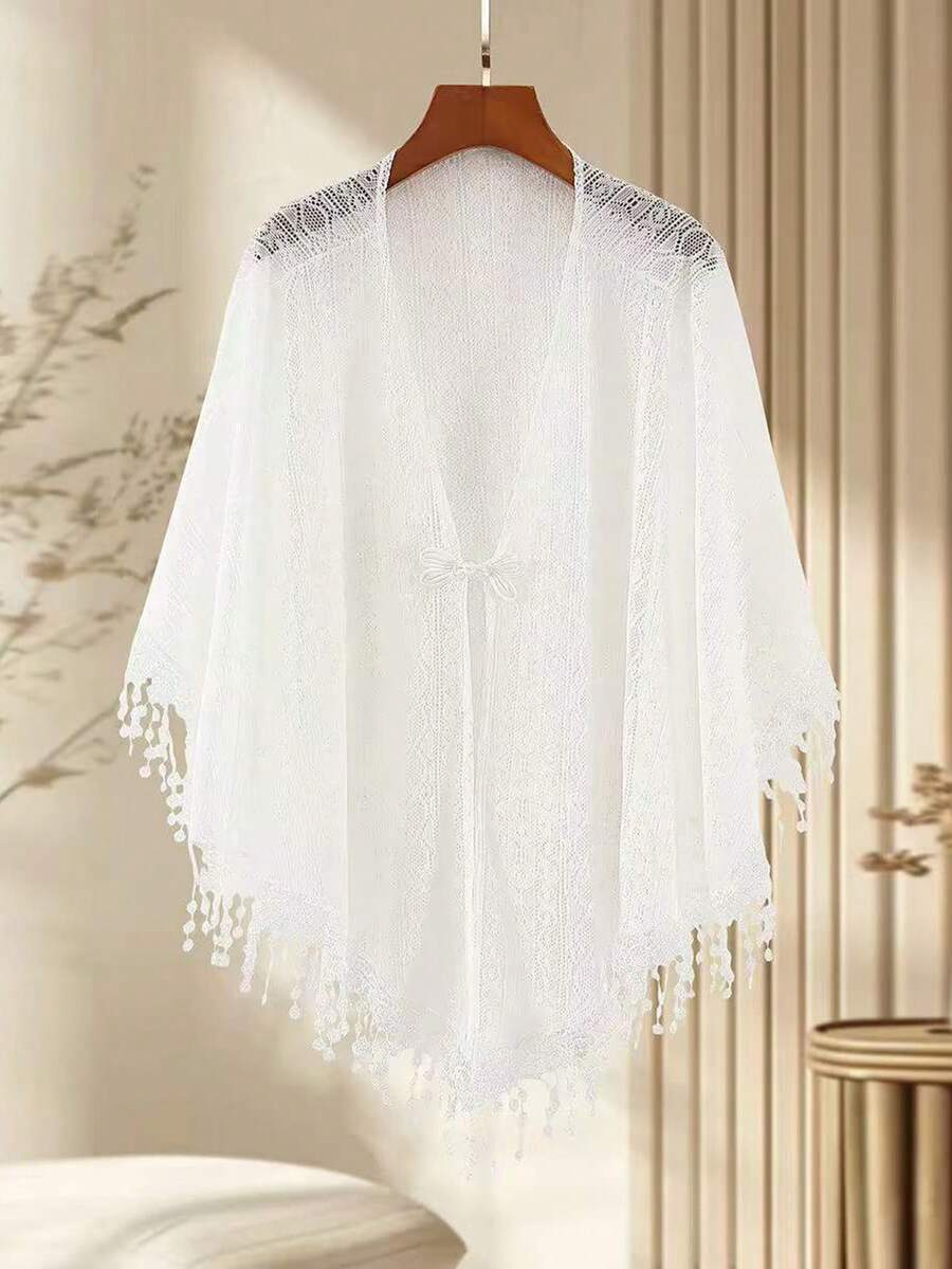 1 chiếc khăn choàng ren thắt nút đơn giản, thời trang nữ, đa năng, có tua rua, thích hợp mặc trong phòng điều hòa, chống nắng, màu trắng. - trắng - Xem 1