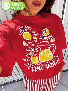 Camiseta Casual de Verano para Mujer; Estampado con Diseño de Limonada; Tecnología de Impresión/Camiseta Casual para Mujer/ Camiseta de Manga Corta con Estampado de Jesús y Cristianismo: La vida me da algunos limones, pero mi Jesús me hace sentir cómoda. - Rojo - Ver 1