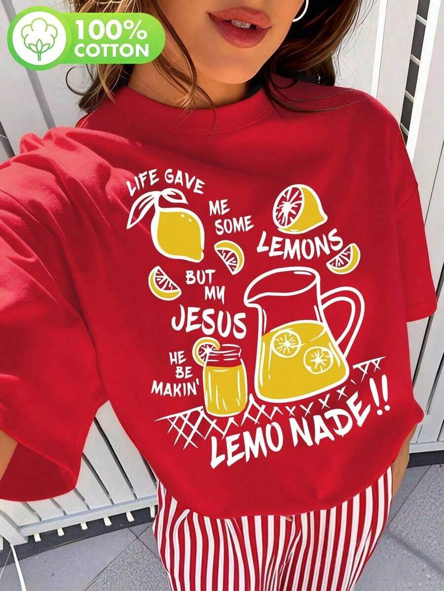 Camiseta Casual de Verano para Mujer; Estampado con Diseño de Limonada; Tecnología de Impresión/Camiseta Casual para Mujer/ Camiseta de Manga Corta con Estampado de Jesús y Cristianismo: La vida me da algunos limones, pero mi Jesús me hace sentir cómoda. - Rojo - Ver 1