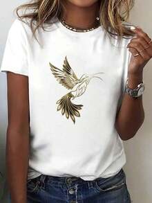 Women's T-Shirt With Flying Hummingbird Print - Short Sleeve, Crew Neck, Casual Style, Breathable Medium-Stretch Fabric, Comfortable For All Seasons, Machine Washable - Unisex Vintage Urban Style T-Shirt, 100% Pure Cotton - 白色 - 查看 1