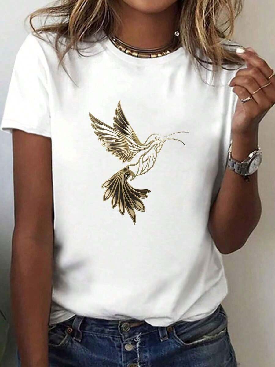 Women's T-Shirt With Flying Hummingbird Print - Short Sleeve, Crew Neck, Casual Style, Breathable Medium-Stretch Fabric, Comfortable For All Seasons, Machine Washable - Unisex Vintage Urban Style T-Shirt, 100% Pure Cotton - 白色 - 查看 1