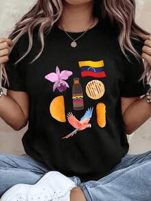 La bandera venezolana está flanqueada por guacamayos, orquídeas, bebidas y deliciosa comida, simbolizando el orgullo y la alegría de la cultura latinoamericana.Esta colorida camia 100% algodón para mujer es imprescindible. Adecuado como regalo.playera de mujer.blusas>elegante.boho chic,Top de mujer suave, transpirable y cómodo, ideal para primavera, verano y otoño, perfecto para vacaciones, viajes y uso diario. - Negro - Ver 7