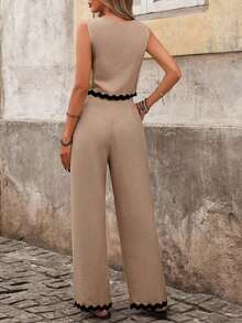 LUNE Conjunto de top corto sin mangas de cuello cuadrado informal y pantalones rectos, con bolsillo con cinta a color, para primavera/verano - Caqui - Ver 2