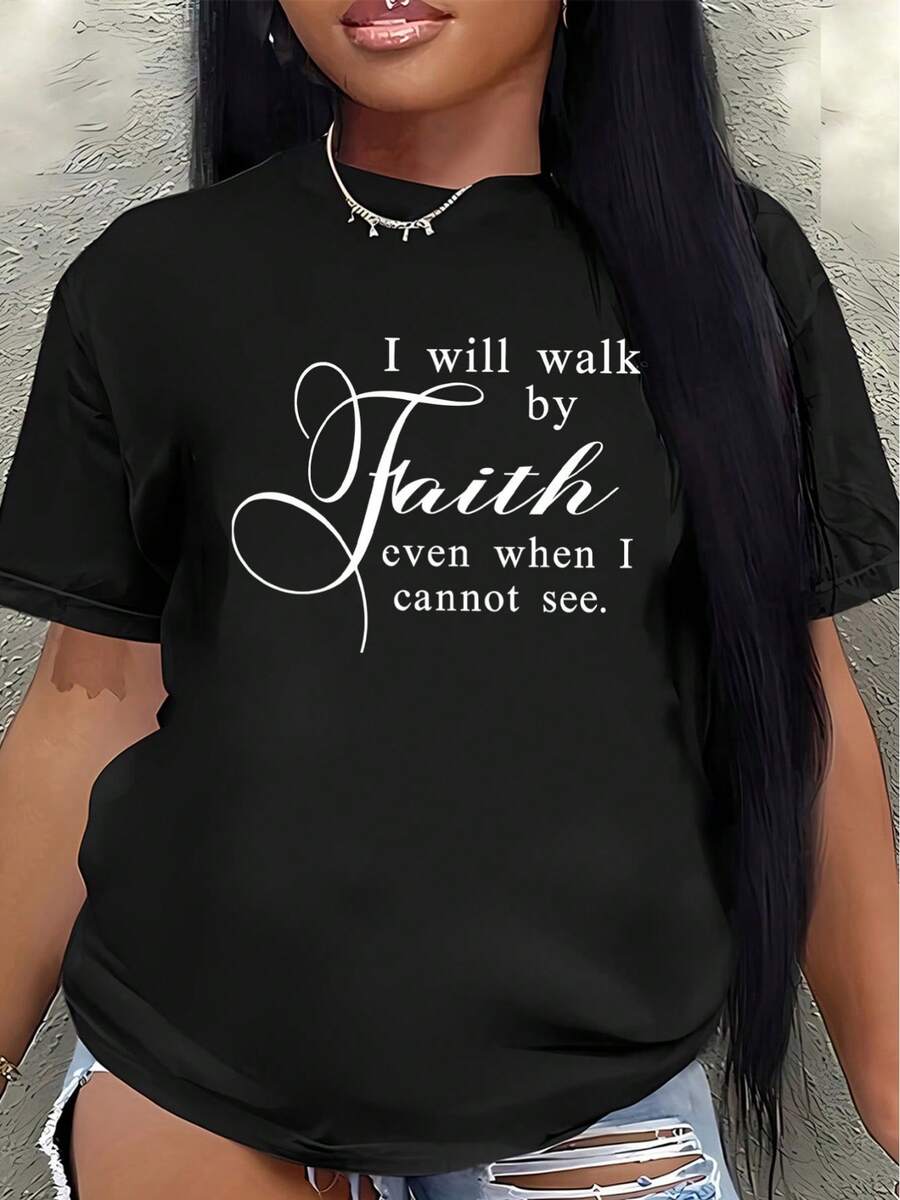Camiseta de manga corta de poliéster, estampada con el eslogan inspirador "Caminar con Fe", ligera y duradera, adecuada para uso casual, en casa, en la iglesia o en salidas diarias, con un ajuste cómodo para mujeres.blusas para mujer>ropa - Negro - Ver 1