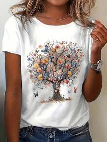 Women's T-Shirt % Cotton, Round Neck T-Shirt With Colorful Butterfly, Flower And Tree Print, Urban Vintage Style, Unisex, Loose Fit, Short Sleeve And Round Neck. - 白色 - 查看 7