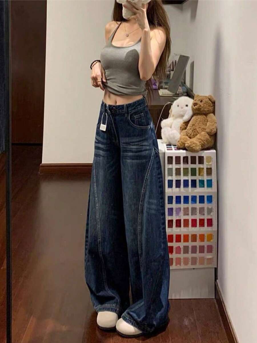 Women's High-Waisted Baggy Jeans, Tie-Dye Gradient Effect, Contrasting Stitching, Wide Palazzo Silhouette, Dark Washed Denim, Casual Streetwear Style Ideal For Urban Looks And Autumn/Winter. - 牛仔藍 - 查看 1