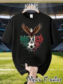 [Popular Licensed Design] Short-Sleeved T-Shirt With Mexico 2026 World Cup And Eagle " Warrior Style" Print, Latin American Style, Urban Fashion, Fan Support, Wild Eagle Retro Style, Suitable For Daily Wear, Parties, Dinners, Travel And Bar Outings, A Gift For Mexican Fans. - 黑色 - 查看 3