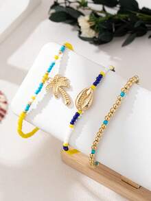 Set de 3 piezas de tobillera con estilo bohemio y océano, con árbol de coco y conchas de metal con cuentas de colores - Multicolor - View 3