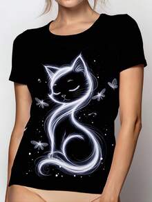 Premium Quality Graphic T-Shirt, Stylish Cat Print T-Shirt,  Casual Wear For Women, Vintage T-Shirts For Women. - 黑色 - 查看 3