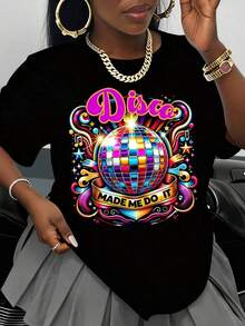 Disco Graffiti T-Shirt With Colorful Disco Ball And Musical Notes Print, Text 'Made Me Do It', For Party, Dance, Nightclub, Summer Fashion Cotton T-Shirt - Putih - View 10