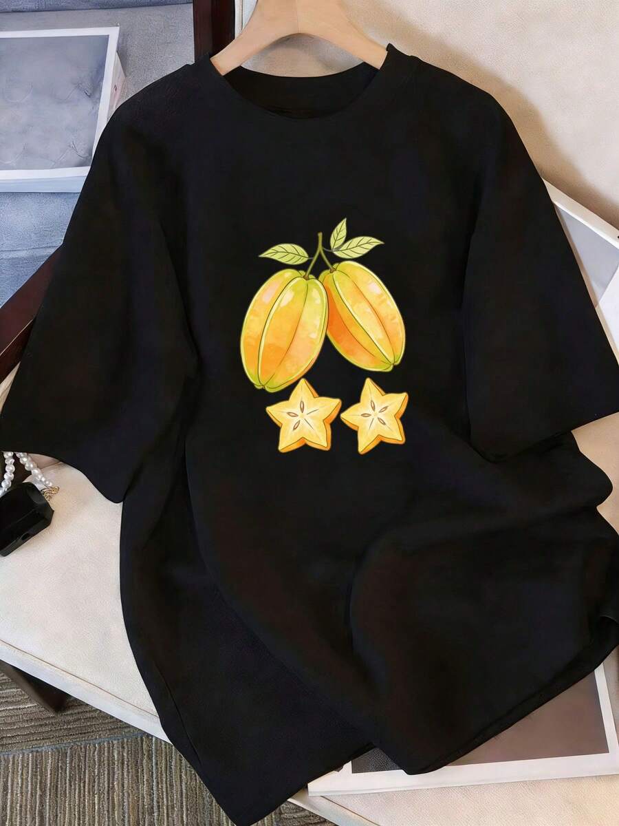 Women's Premium Star-Shaped Fruit Print T-Shirt | Casual Short-Sleeved Summer T-Shirt With A Design Of Yellow Stars, Fruits, And Green Leaves. Lightweight For Everyday Wear, Suitable For Daily Use And Outings. . - 黑色 - 查看 1
