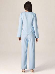 Conjunto de 2 piezas de top de manga larga con diseño de lazo elegante y pantalones rectos de cintura alta, color azul - Azul - Ver 2