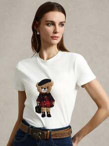Camiseta de punto casual de manga corta con cuello redondo  para mujer, camiseta de verano para mujer, estilo casual de negocios, camiseta de manga corta para mujer.100%Cotton - Blanco - Ver 2