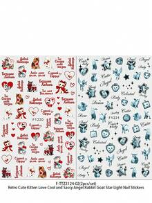 2 Sheets Retro Cute Cat & Angel Nail Art Stickers - Red & Blue Heart Rabbit Cross Star Nail Decals - Suitable For Music Festivals, Graduation, Parties And Spring/Summer Vacation DIY Decoration - Multicolor - View 7