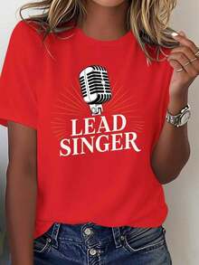Gift Women's 80s Retro Graphic T-Shirt With Singer And Microphone Design - Soft And Pure Crew Neck Casual T-Shirt With Microphone And Musical Notes Design, Blue Outfit For Karaoke Nights And Fans, Geometric Pattern, Comfortable For All Seasons, Machine Washable, Relaxed Fit, Breathable Fabric For Casual Wear, Retro Inspired Women's Fashion With Vintage Microphone Print, Ideal For Music Lovers - 紅色的 - 查看 6