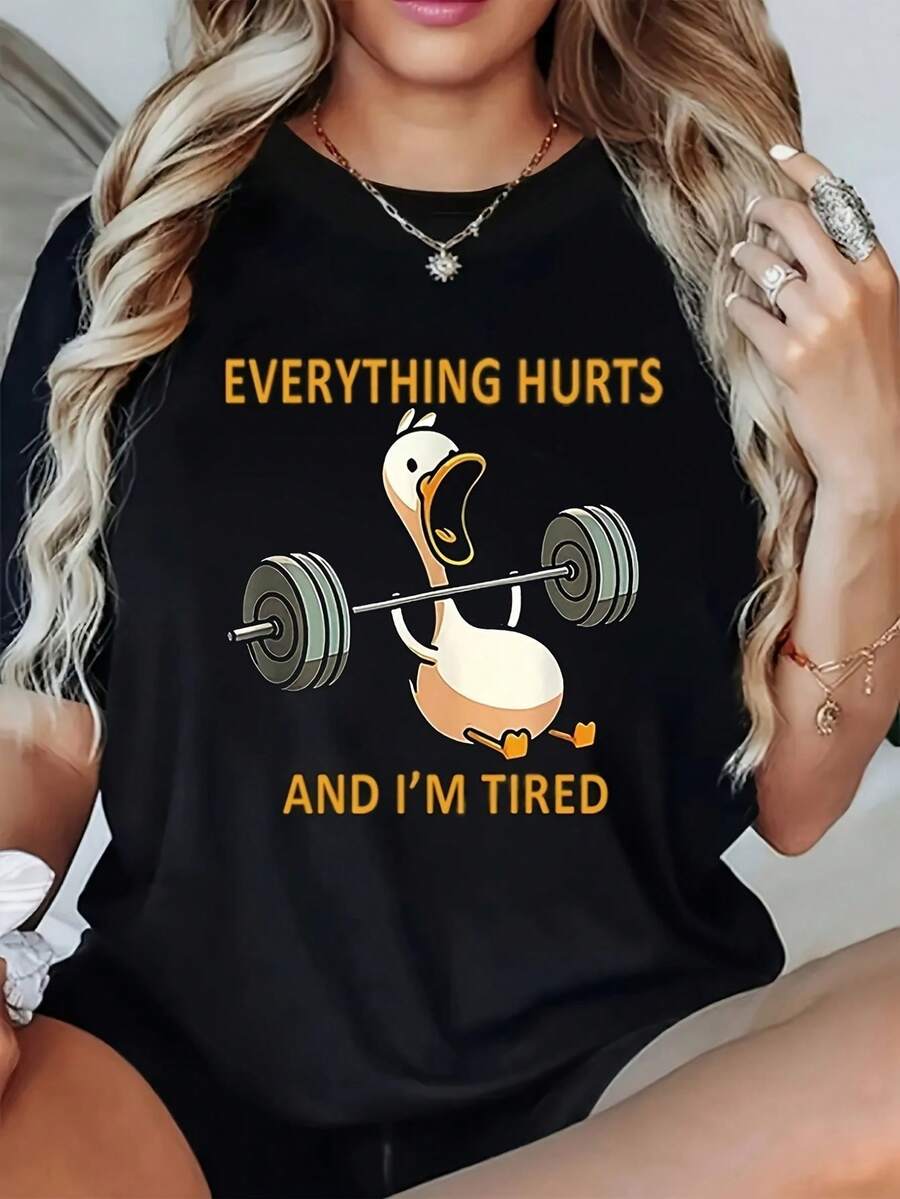 Camiseta gráfica divertida para mujer con estampado de pato levantando pesas - "Todo duele y estoy cansada", camiseta blanca de cuello redondo informal, perfecta para atuendos casuales o entrenamientos, camisetas de gimnasio con humor. - Negro - Ver 1