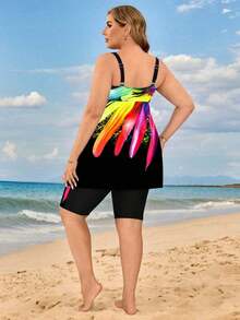 Swim Lushoire Traje de baño tankini conservador con estampado floral digital para mujeres de talla, traje de baño para fiestas en la playa y vacaciones para mamás que estilizan la figura - Multicolor 2 - Ver 1