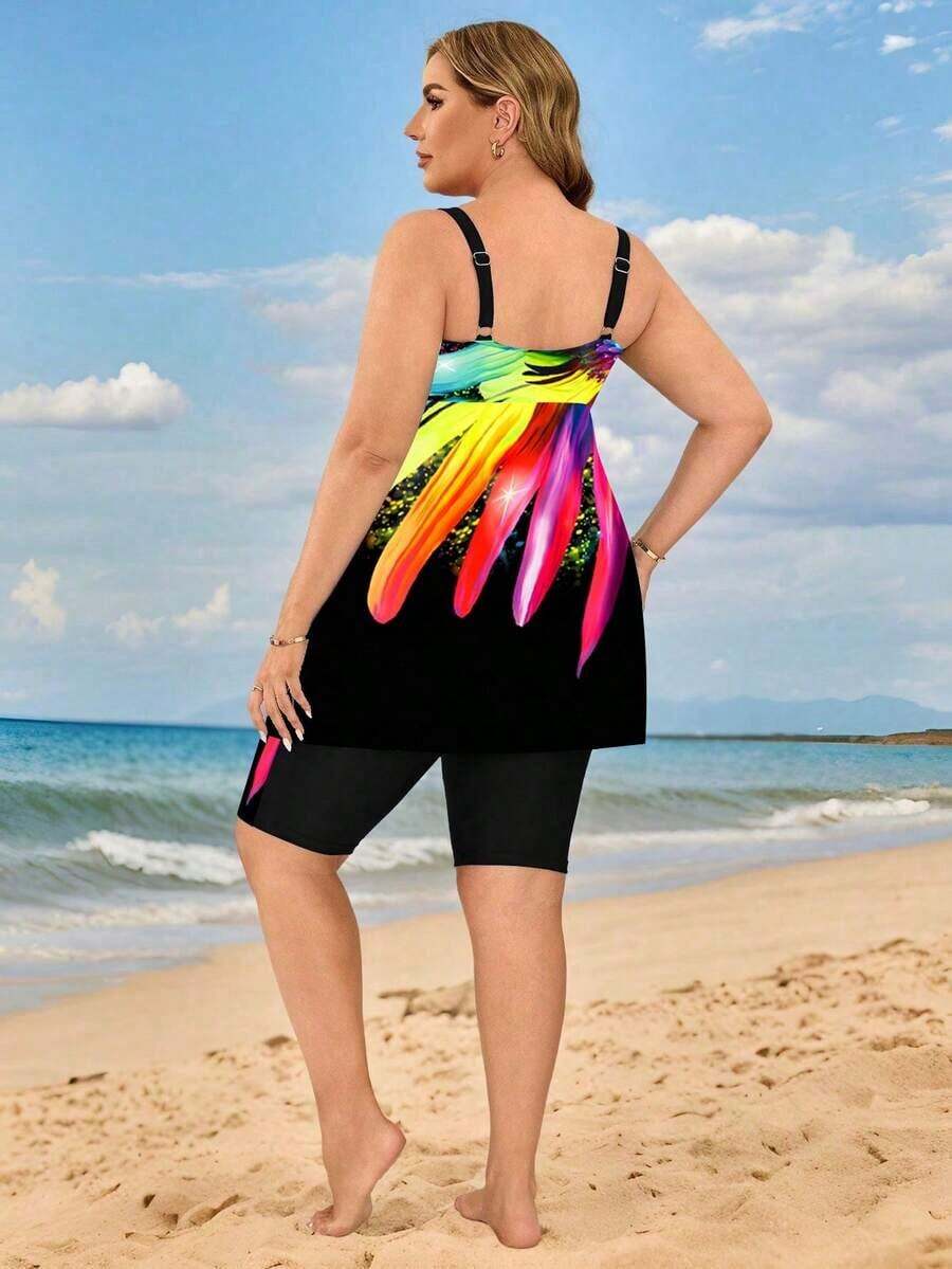 Swim Lushoire Traje de baño tankini conservador con estampado floral digital para mujeres de talla, traje de baño para fiestas en la playa y vacaciones para mamás que estilizan la figura - Multicolor 2 - Ver 1