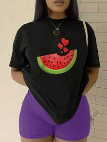 Women's Round Neck T-Shirt With A Watermelon Print, Casual And Elegant, Comfortable Fit, Suitable For All Seasons, Machine Washable. Perfect For Elegant Parties, Stylish Ladies, And Curvy Women. Pairs Well With Prom Skirts Or Casual Wear. Features An Adorable Animal Print, A Fun Letter Print, And Streetwear Style. - 黑色 - 查看 4
